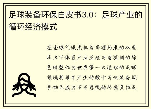 足球装备环保白皮书3.0：足球产业的循环经济模式